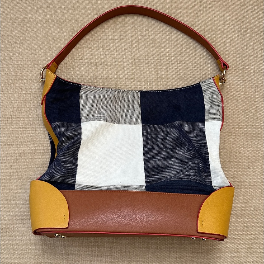Sondra Roberts Plaid Mixed Media Deconstructed Shoulder Bag Purse